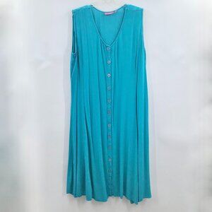 Vintage Women's 3X Turquoise Maxi Dress Crinkle Rayon V-Neck Cover Up Sleeveless